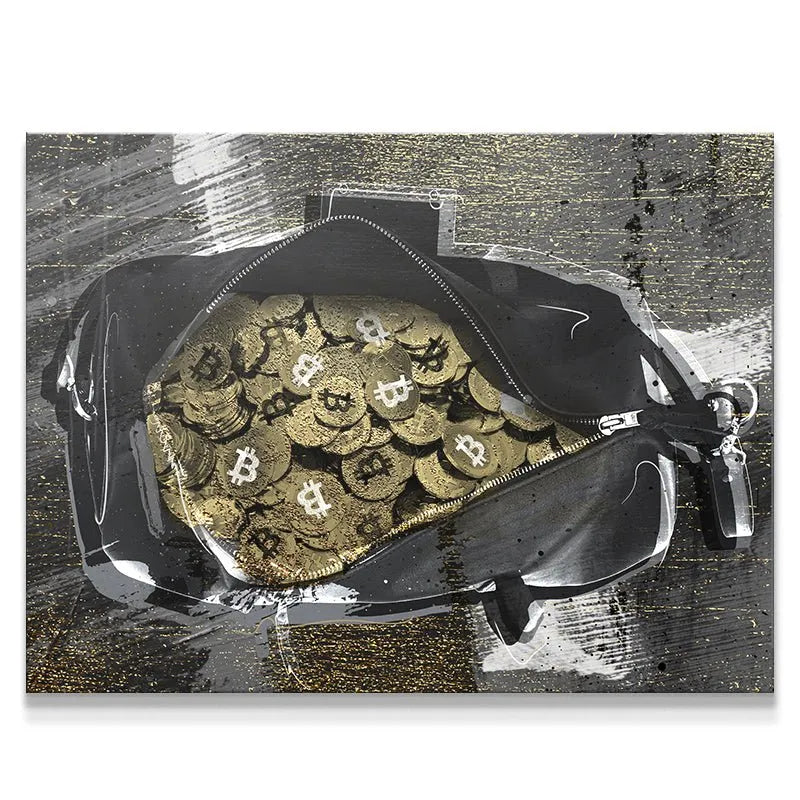 Close-up texture of the abundant gold Bitcoin coins inside the bag in Secure The Bag ( Bitcoin Edition ).