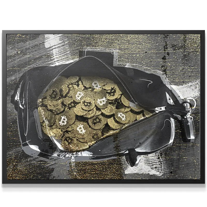 Lifestyle shot of Secure The Bag ( Bitcoin Edition ) wall canvas hanging in a modern, minimalist office setting.
