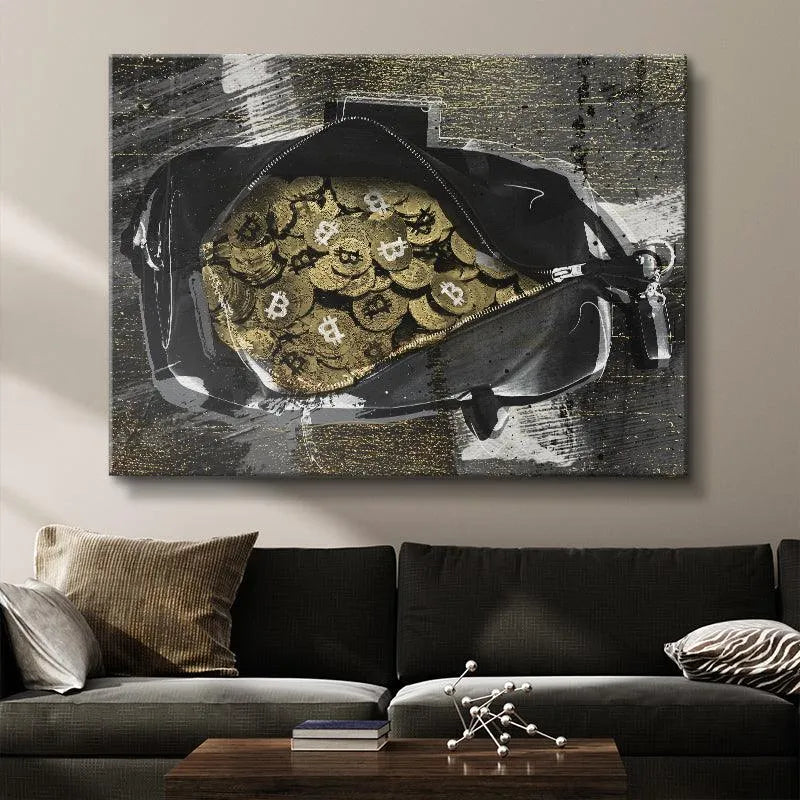 Full frontal view of the duffel bag completely overflowing with Bitcoins in the Secure The Bag ( Bitcoin Edition ) print.