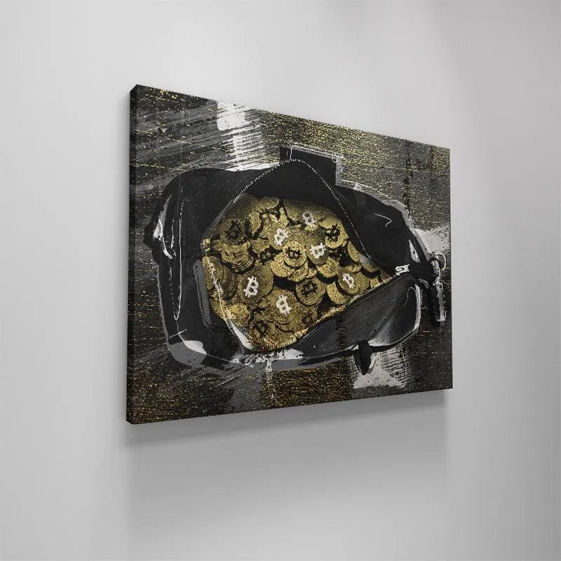 Detailed rendering of the vibrant gold and contrasting black coloration used to emphasize wealth in Secure The Bag ( Bitcoin Edition ).