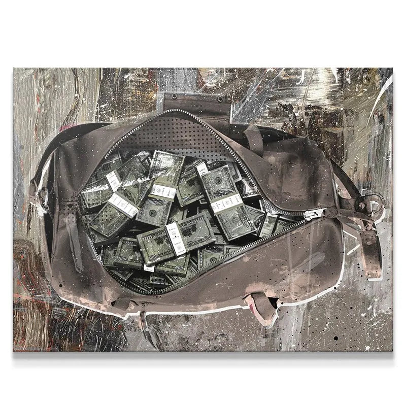 Close-up view of the stacked dollar bills spilling out of the 'Secure The Bag ( Special Edition )' duffel bag canvas.