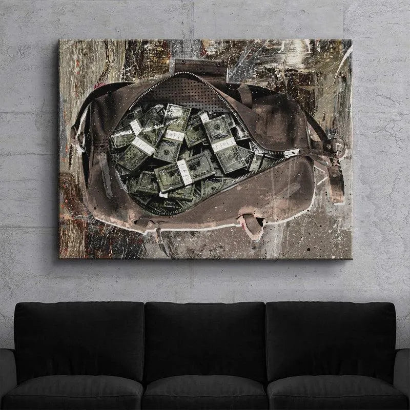 Textured view highlighting the paint splatters and abstract background of the 'Secure The Bag ( Special Edition )' piece.