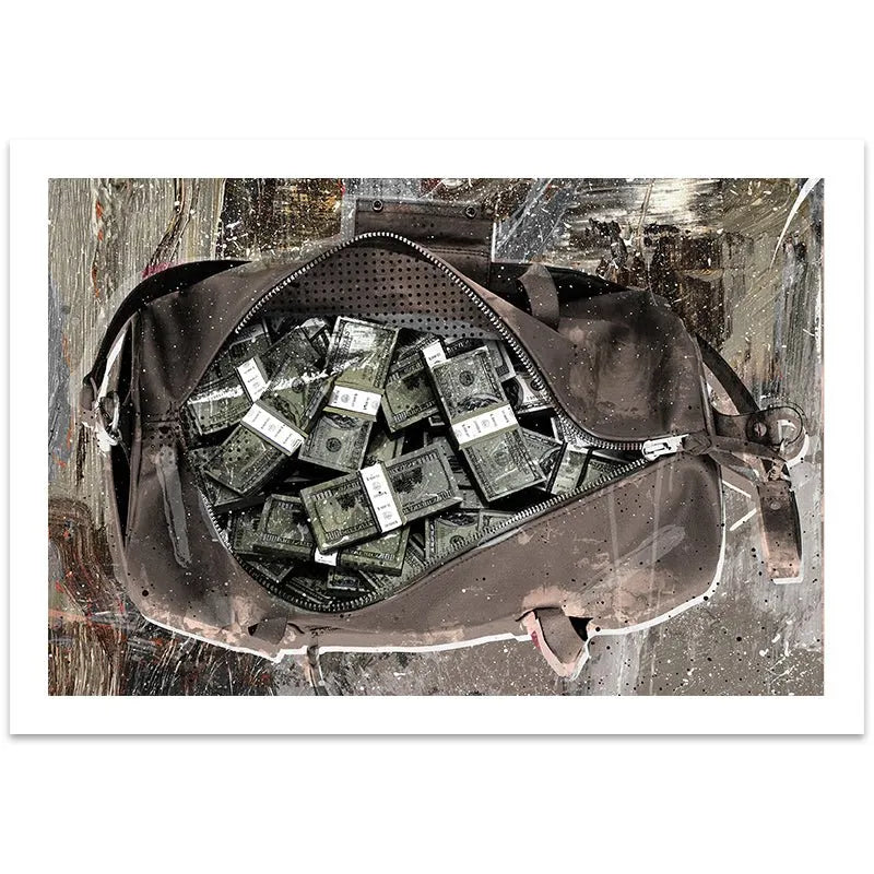 Overhead perspective showing the depth and quantity of cash represented in the 'Secure The Bag ( Special Edition )' painting.