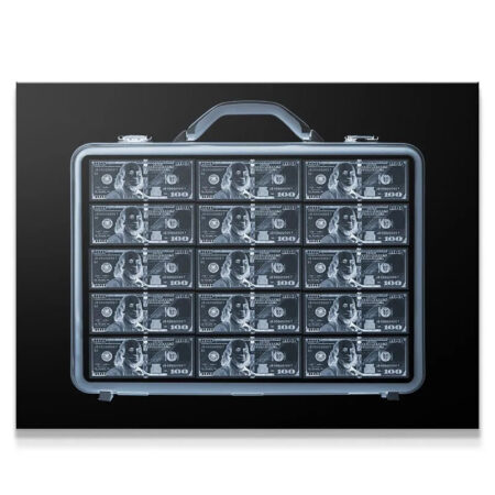 Full overhead view of the money-filled briefcase under a conceptual Security X-RAY scanner.