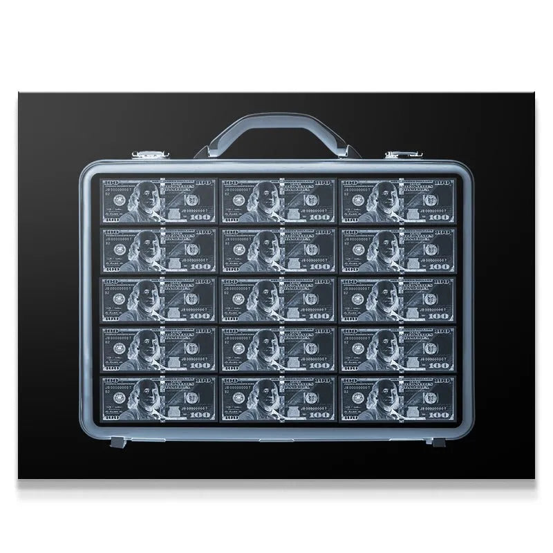 Full overhead view of the money-filled briefcase under a conceptual Security X-RAY scanner.