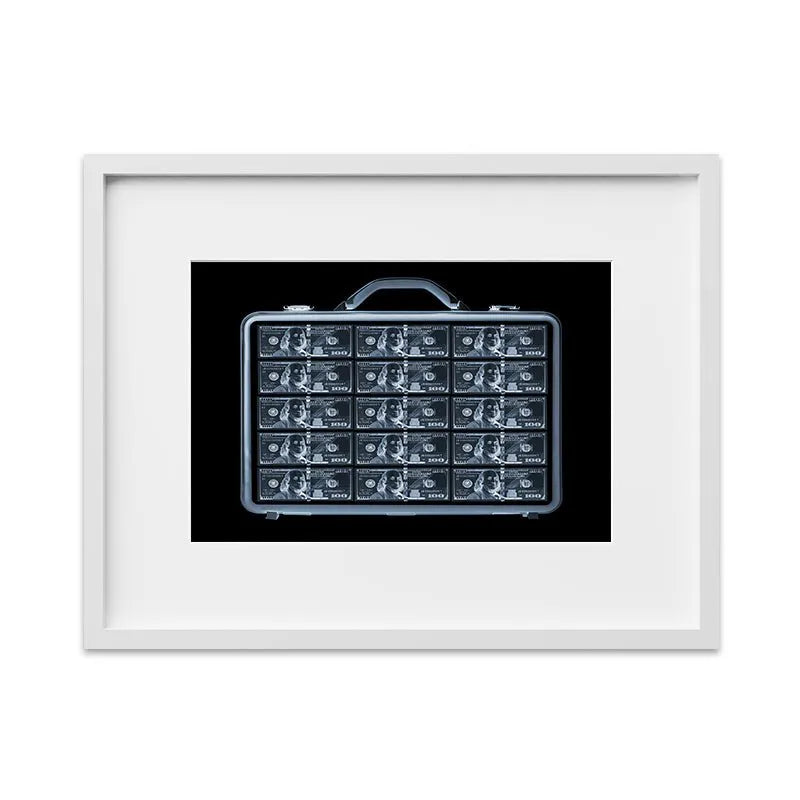 Lifestyle placement view showing the compelling Security X-RAY suitcase artwork hanging in a modern office environment.