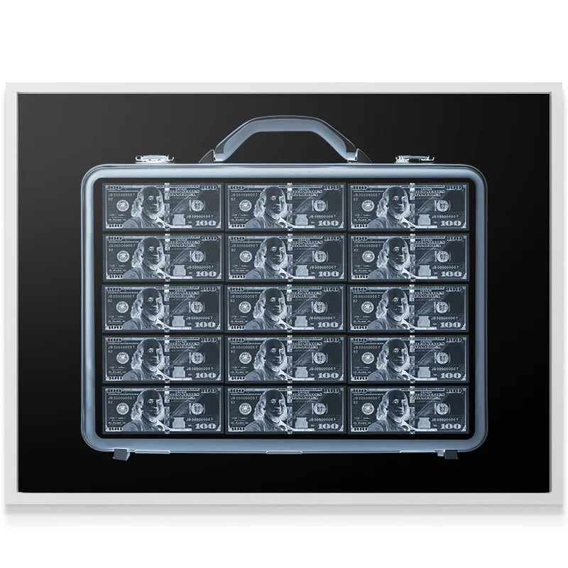 Monochromatic blue rendering of a metal suitcase showing internal cash through Security X-RAY visualization.