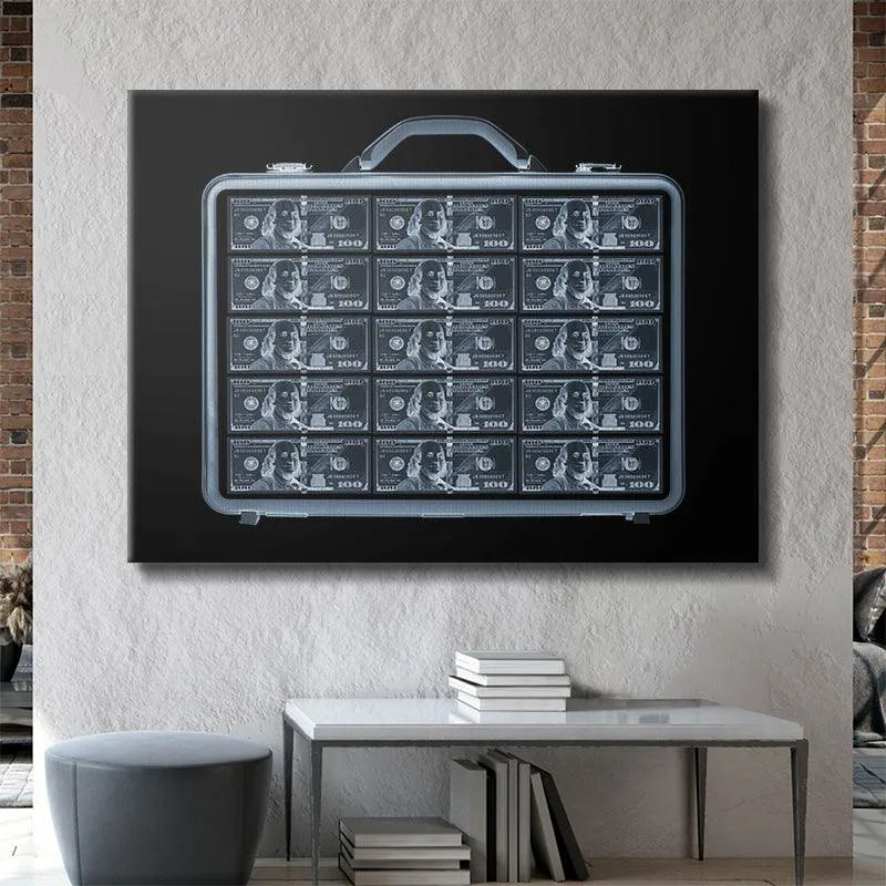Array of organized US currency displayed inside the security briefcase via Security X-RAY scan.