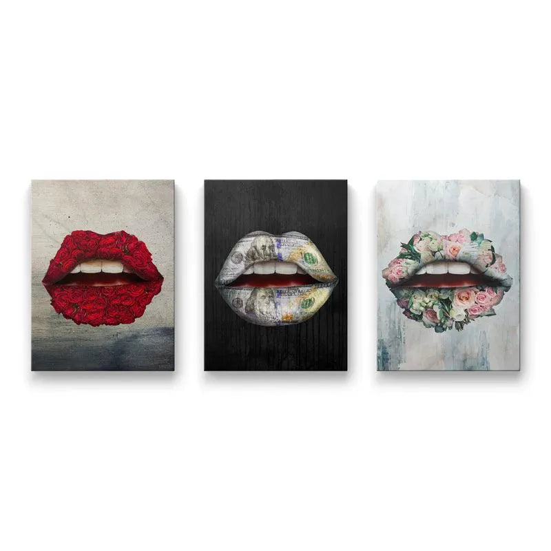 The Seduction Bundle triptych featuring three modern lip canvas prints side-by-side on a white background.