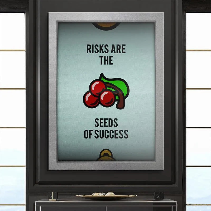 Lifestyle shot of the "Seeds of Success" art hanging above a modern office desk for inspiration.