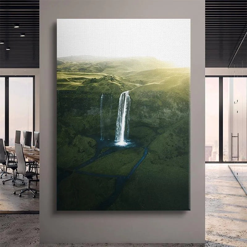 Landscape wall art featuring the iconic Seljalandsfoss framed by rugged, mist-covered mountains.