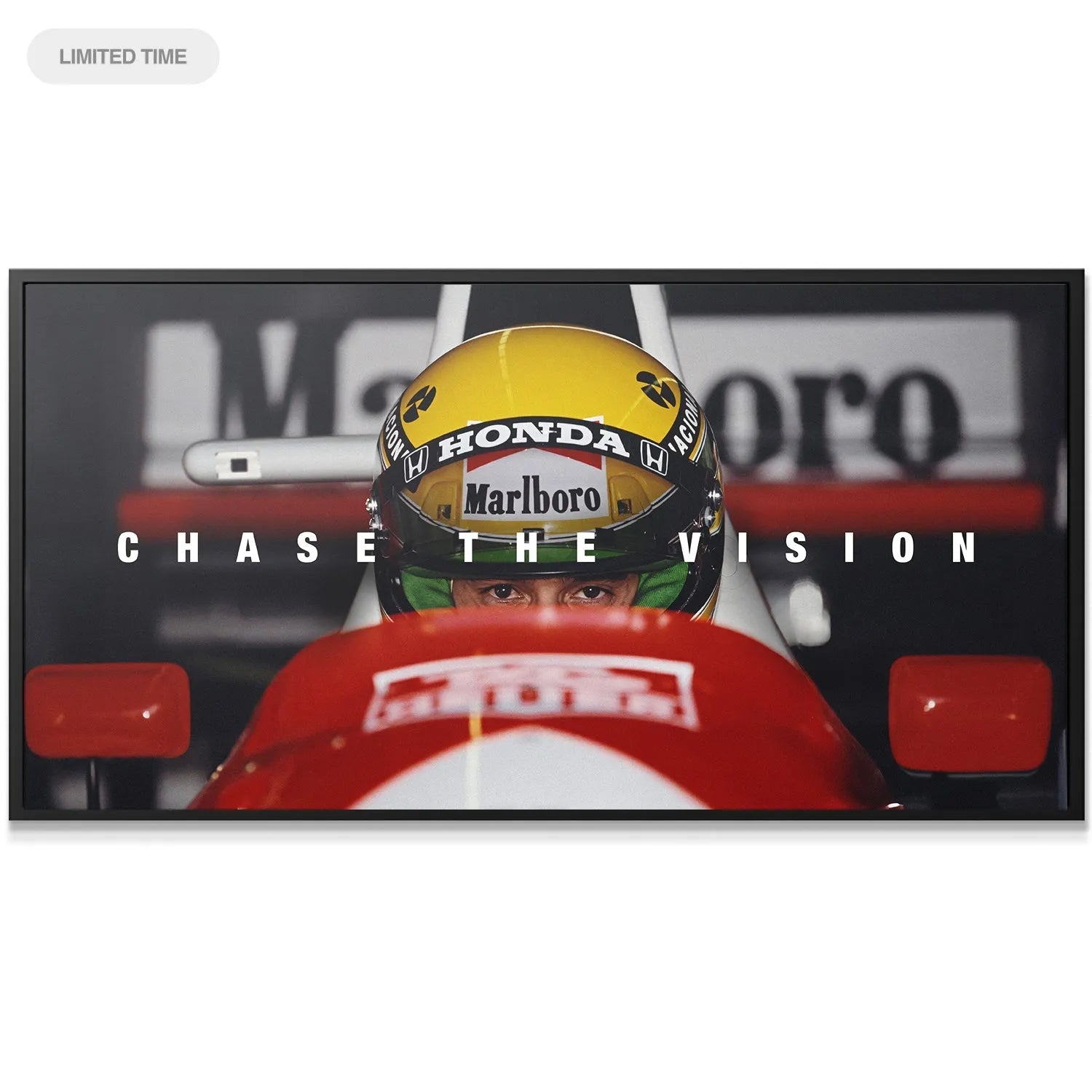 Full frontal view of the 'Senna - Chase The Vision' art print showing the driver in the red cockpit.