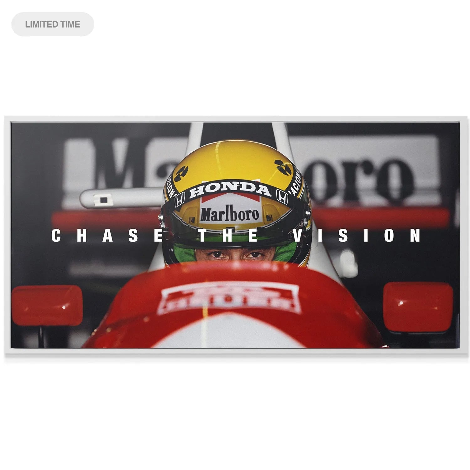 Detailed texture shot of the yellow Honda/Marlboro helmet featured in 'Senna - Chase The Vision'.