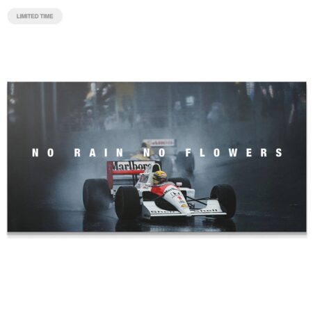 Wide angle view of Ayrton Senna F1 car splashing water, captioned 'Senna - No Rain No Flowers'.