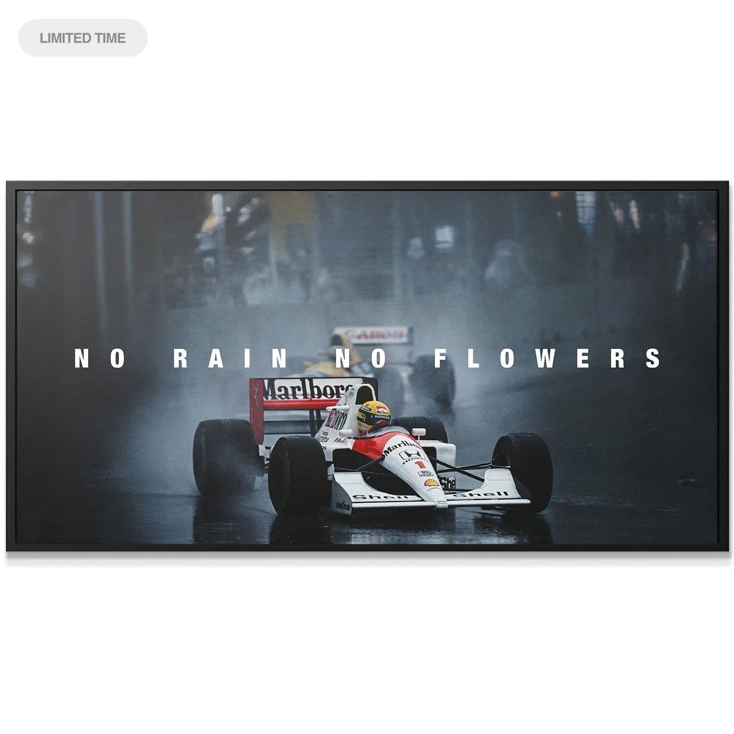 Close-up texture of the printed canvas showcasing the detailed 'Senna - No Rain No Flowers' typography.