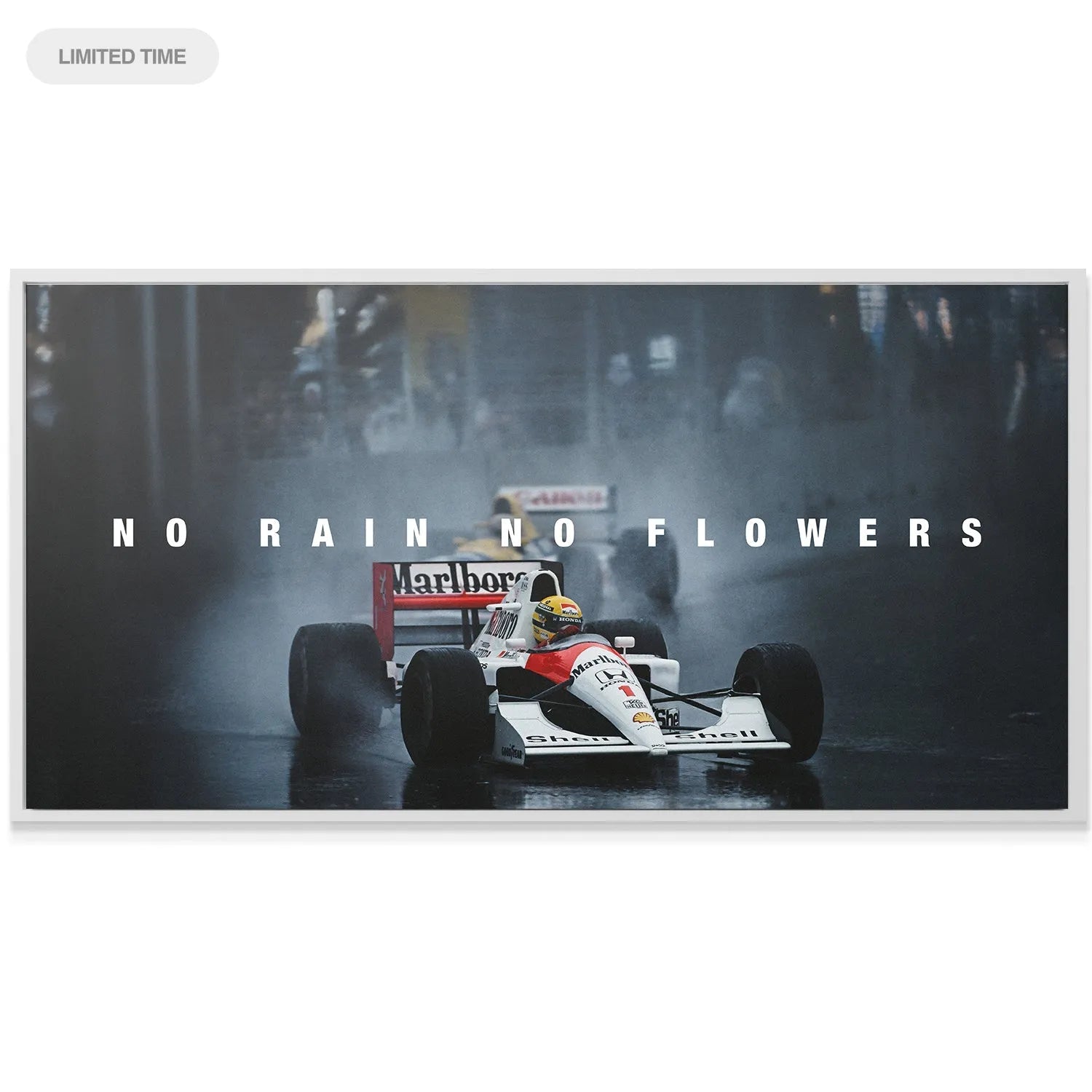 Dynamic low angle shot of Senna driving the Marlboro McLaren in the rain, 'Senna - No Rain No Flowers' poster art.
