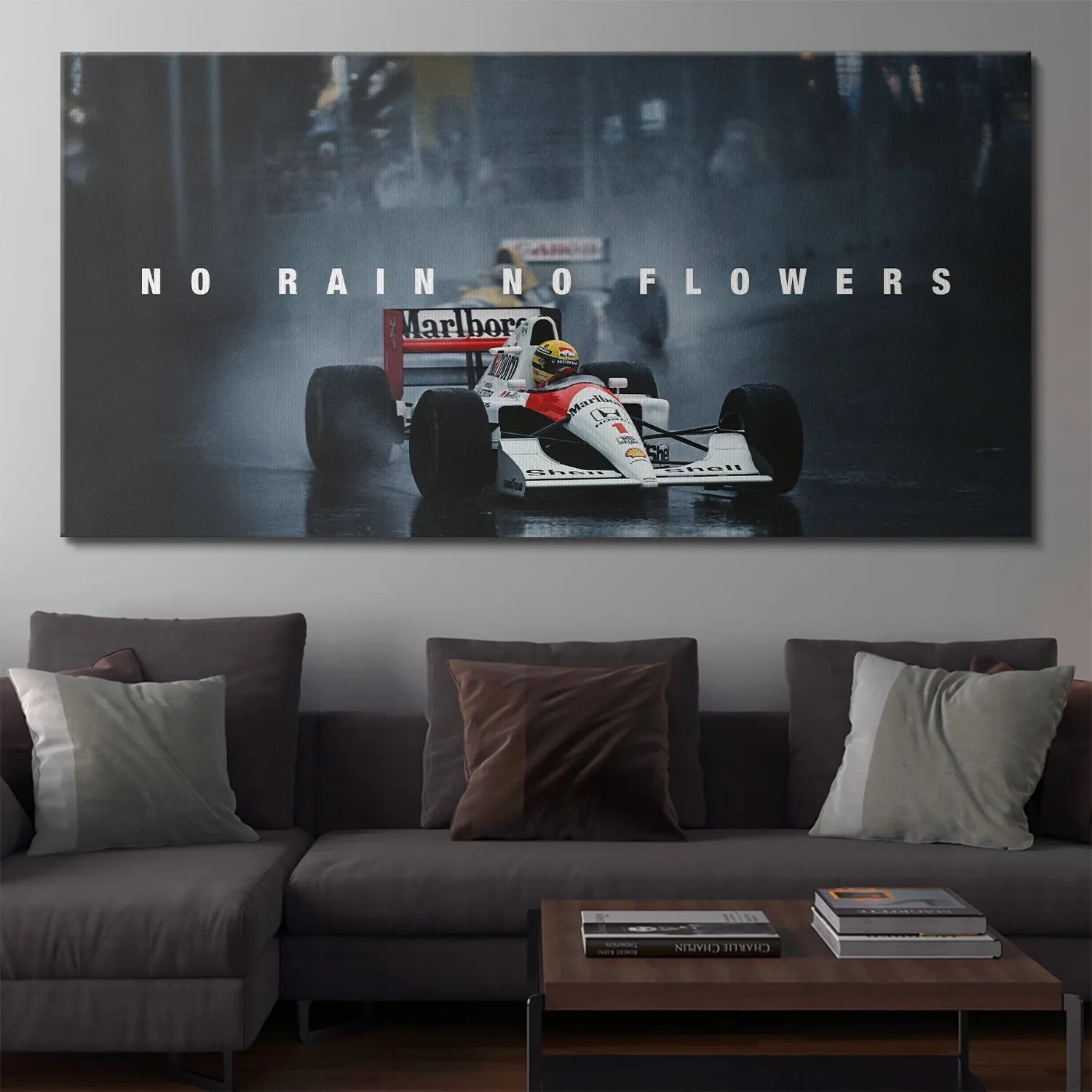 Lifestyle view of the motivational wall art print, 'Senna - No Rain No Flowers', hanging in a modern office setting.