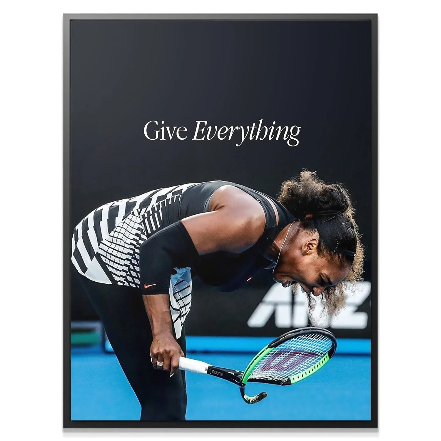 Full view of the 'Serena - Give Everything' sports artwork highlighting the black and white geometric jersey pattern.