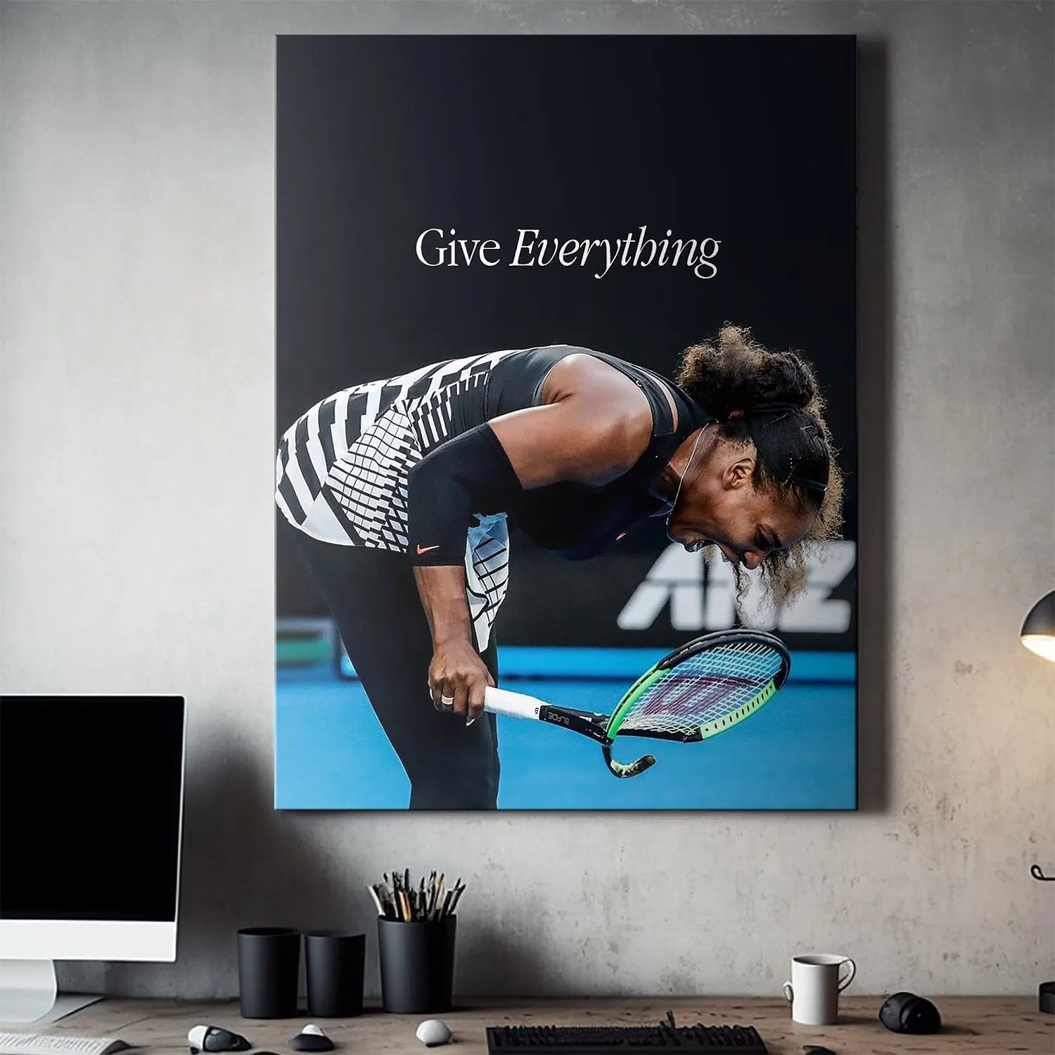 Detail of the bright green and blue Wilson tennis racket strings and the court surface in the 'Serena - Give Everything' athletic photo.