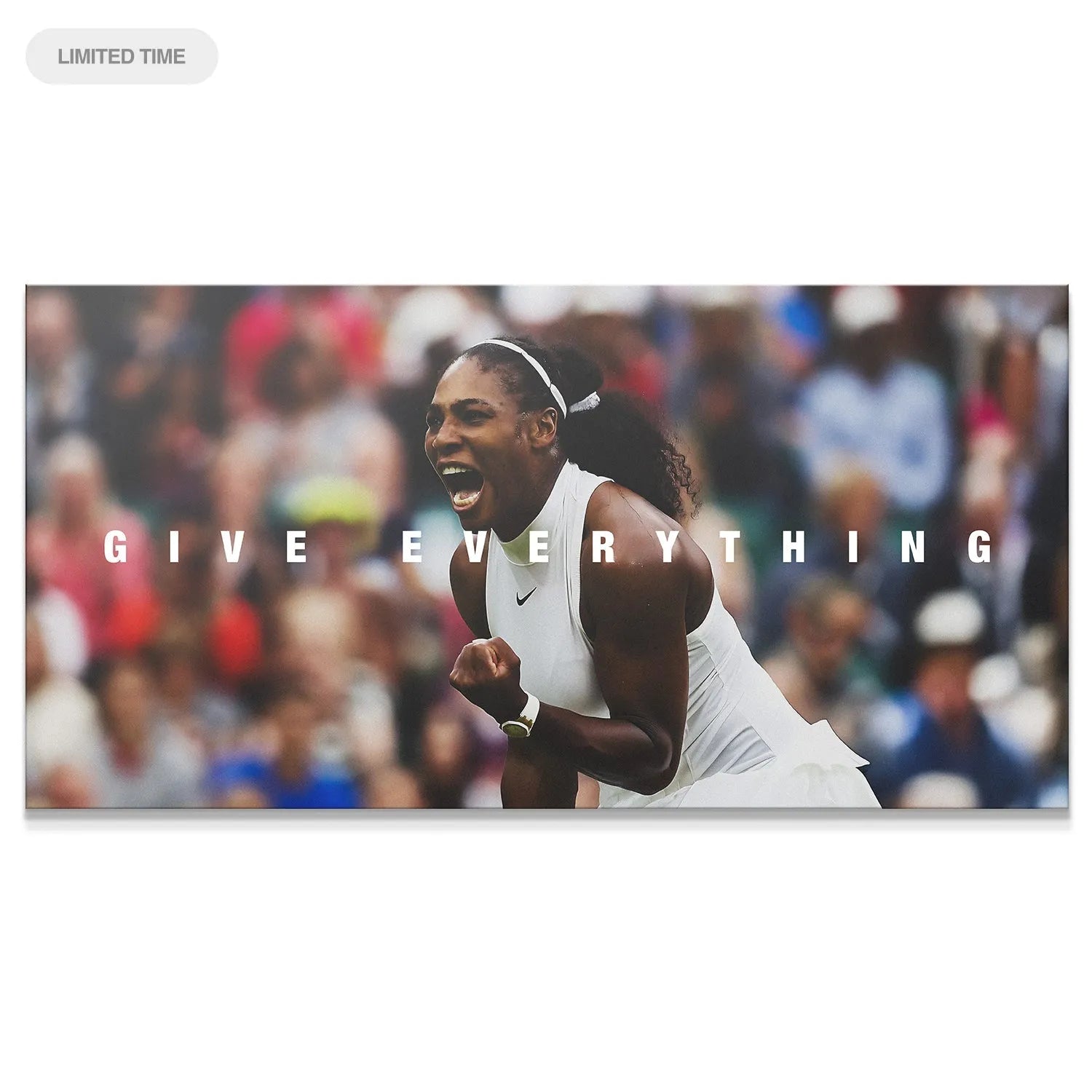 Close-up of Serena Williams' powerful expression celebrating victory, captioned Serena Williams - Give Everything.