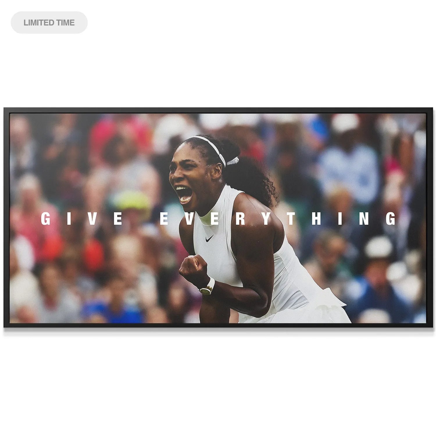 Wide banner shot showing the athlete amidst the blurred stadium crowd background, emphasizing Serena Williams - Give Everything.
