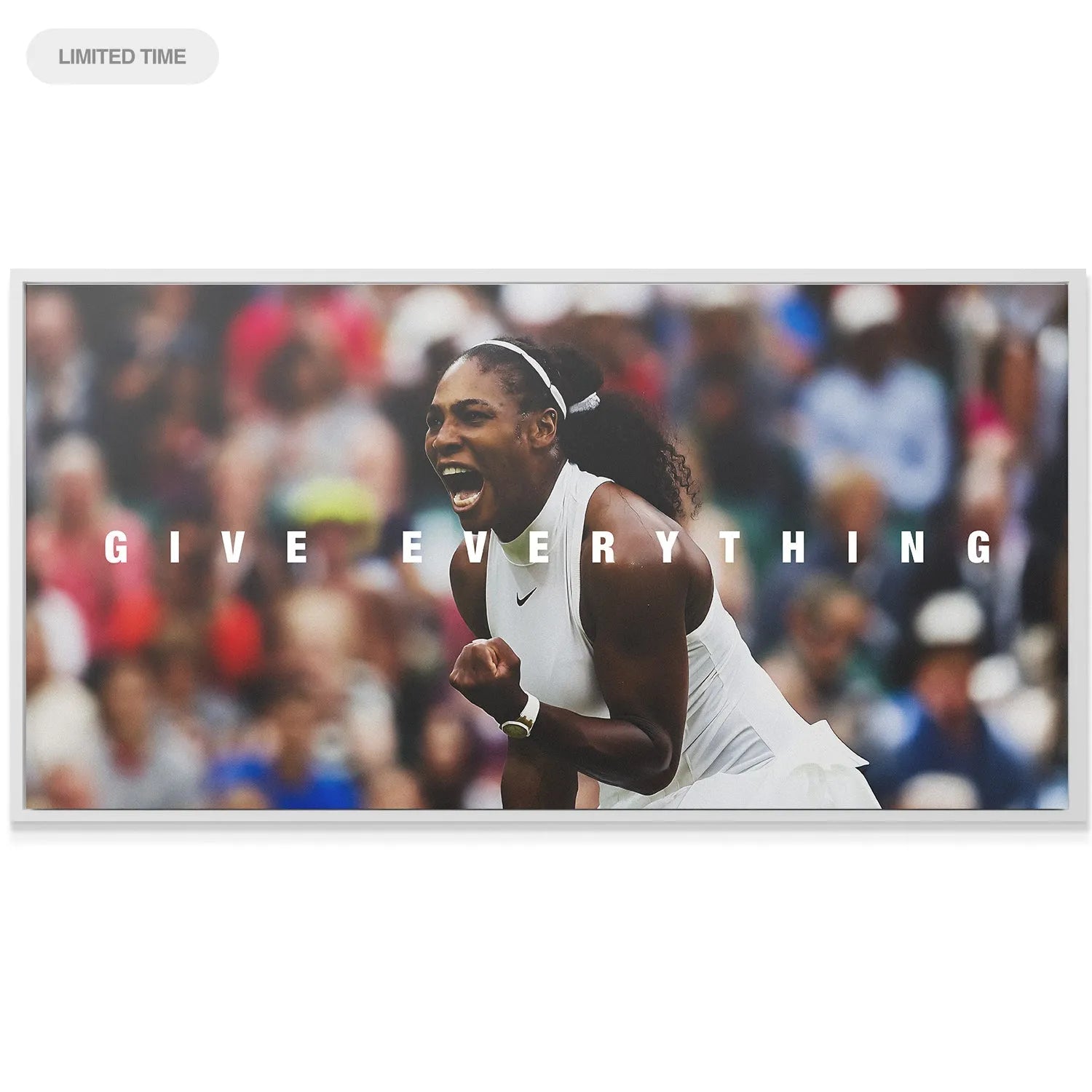 Mid-shot of Serena Williams pumping her fist in triumph on the court, embodying Serena Williams - Give Everything.