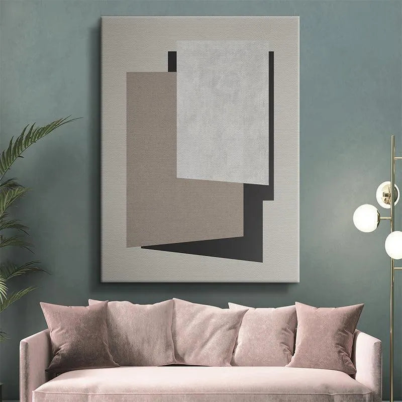 Modern living room lifestyle image featuring the 'Shadow' print above a neutral sofa.