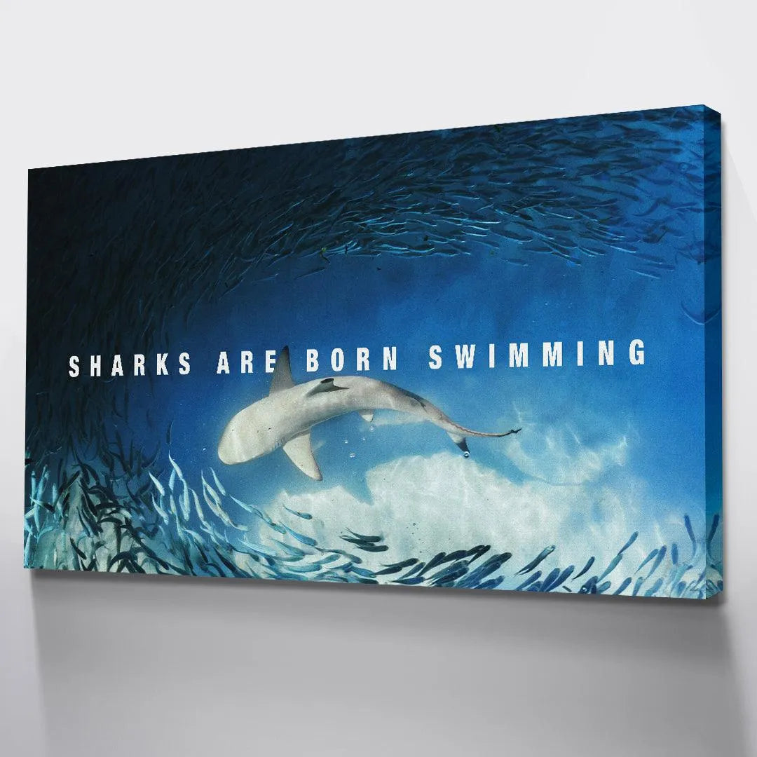 Conceptual art representation of instinct and continuous movement, titled 'Sharks Are Born Swimming'.