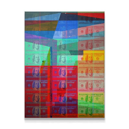 Full frontal view of the 'Shattered Wealth' contemporary art print featuring layered $100 bills.