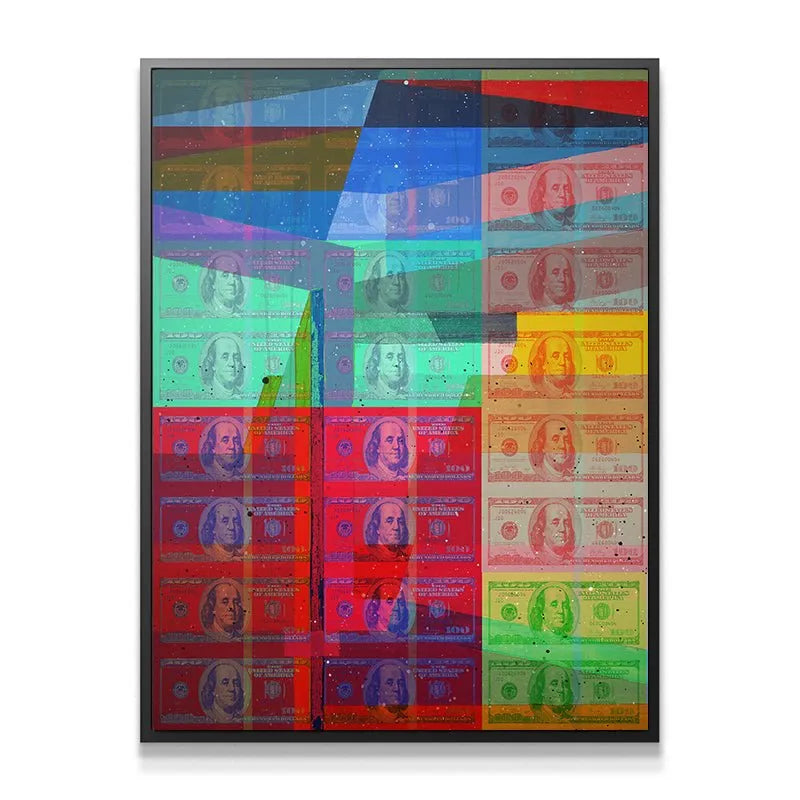 Close-up detail shot emphasizing the textured, geometric overlays of the 'Shattered Wealth' canvas artwork.