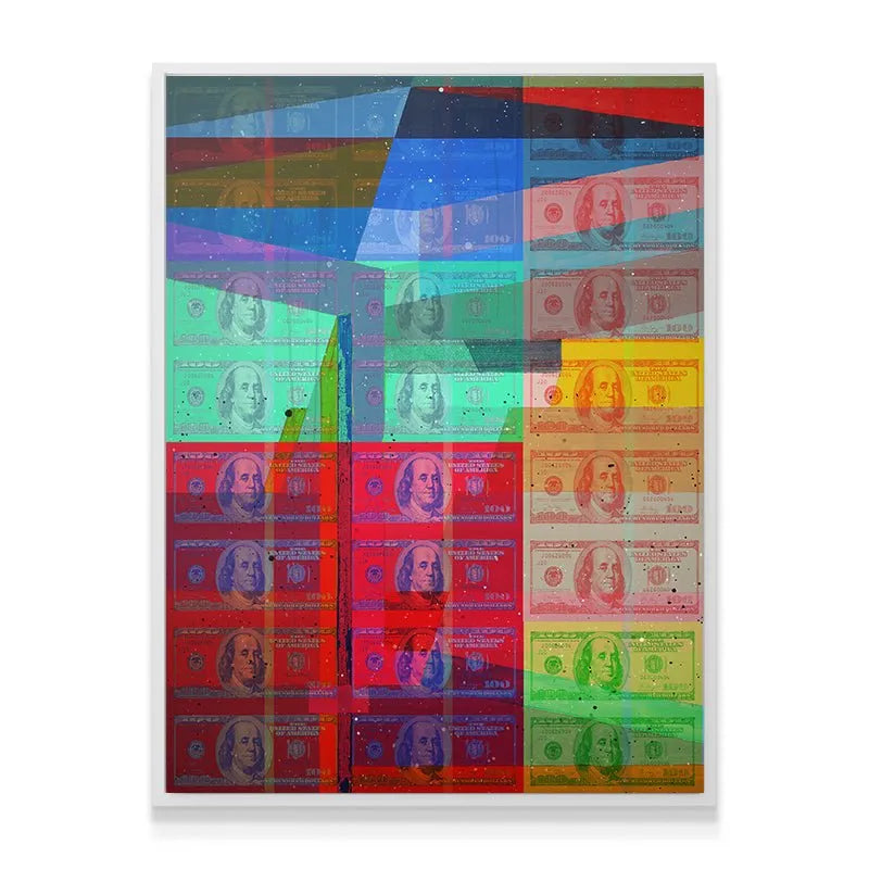Angled perspective showing the glossy surface and reflection across the mixed media 'Shattered Wealth' piece.