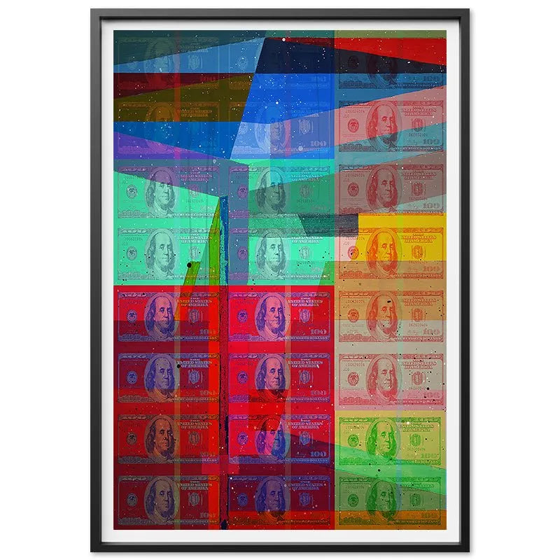 Square crop highlighting the vivid red and yellow quadrants within the 'Shattered Wealth' abstract composition.