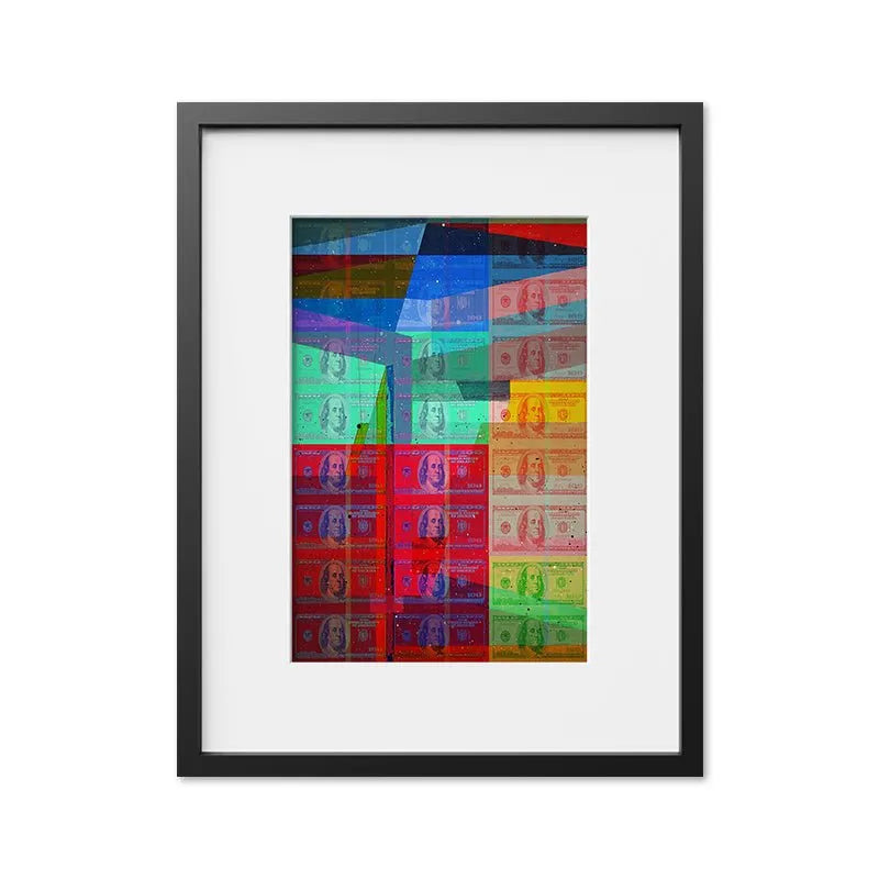 Lifestyle mock-up of the large-scale 'Shattered Wealth' piece hanging prominently in a professional office setting.