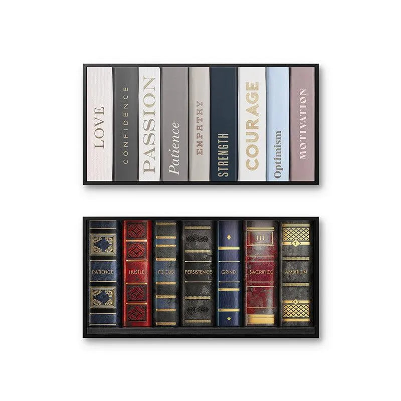 Close-up detail of the modern pastel spines in the upper section of the Shelf Set.