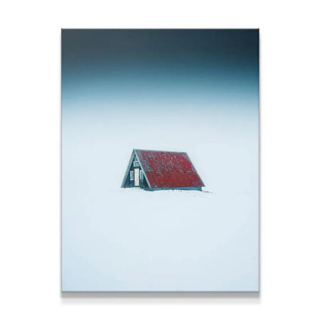 Minimalist A-frame cabin 'Shelter' against vast white snowfield art print.