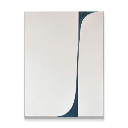 Full view of the Shino abstract painting showing the striking white and deep indigo contrast.