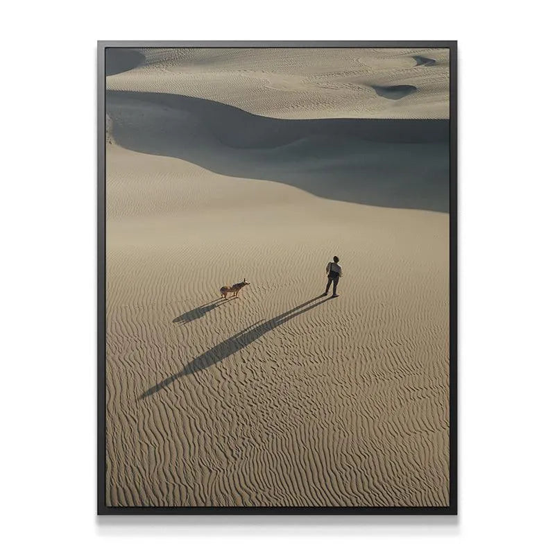 Minimalist desert photography featuring long shadows cast by figures walking Side by Side.