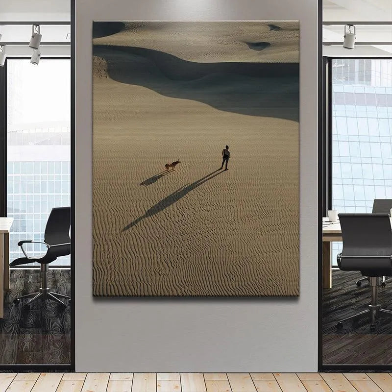 Lifestyle art print of a person and coyote companion exploring the vast desert Side by Side.