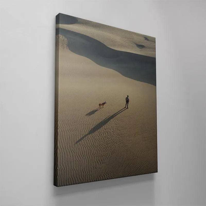 Dramatic wall art showcasing human and animal loyalty traveling Side by Side through an arid landscape.