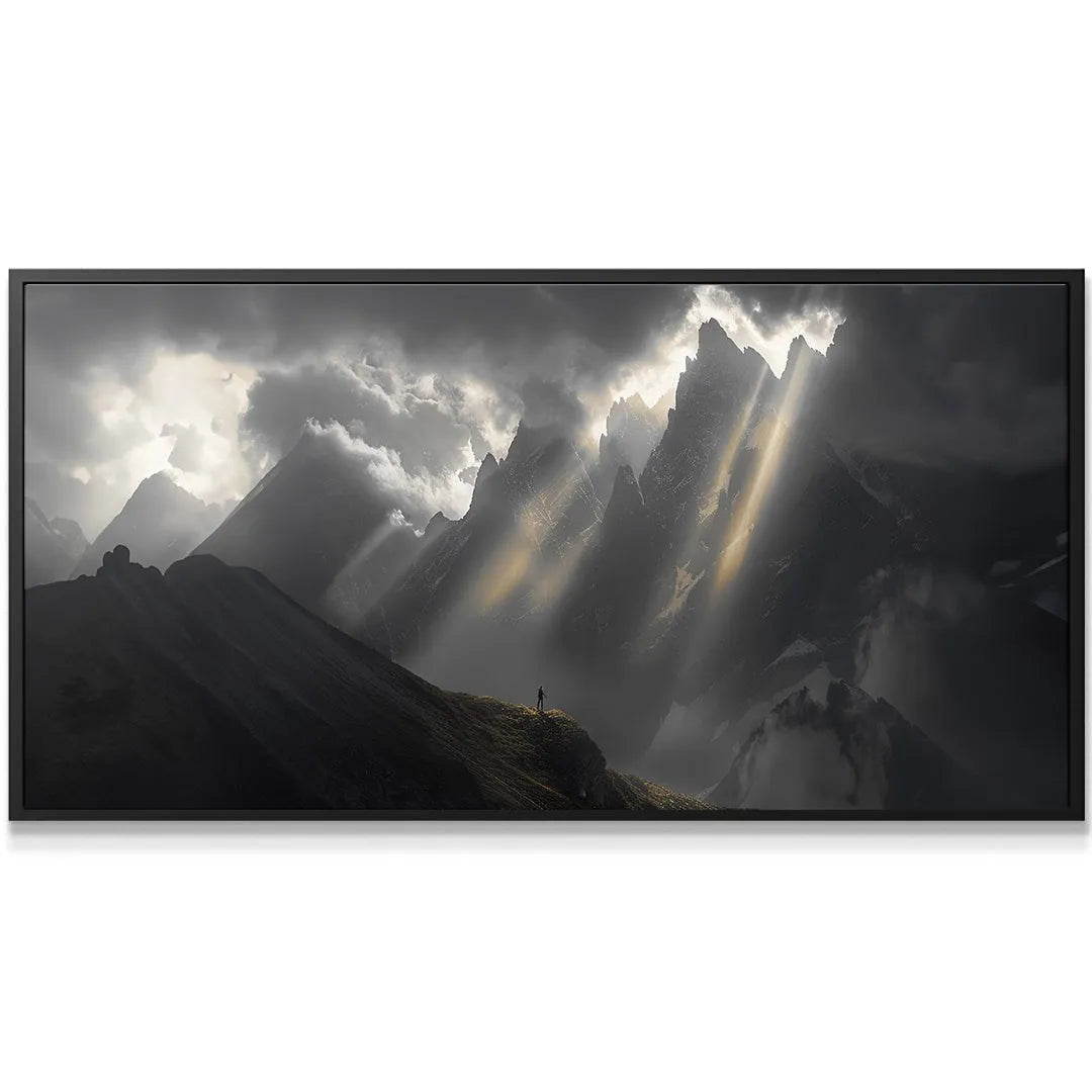 Close-up texture of the dark, rocky slopes highlighting the dramatic contrast achieved in "Silver Lining (No Quote)".