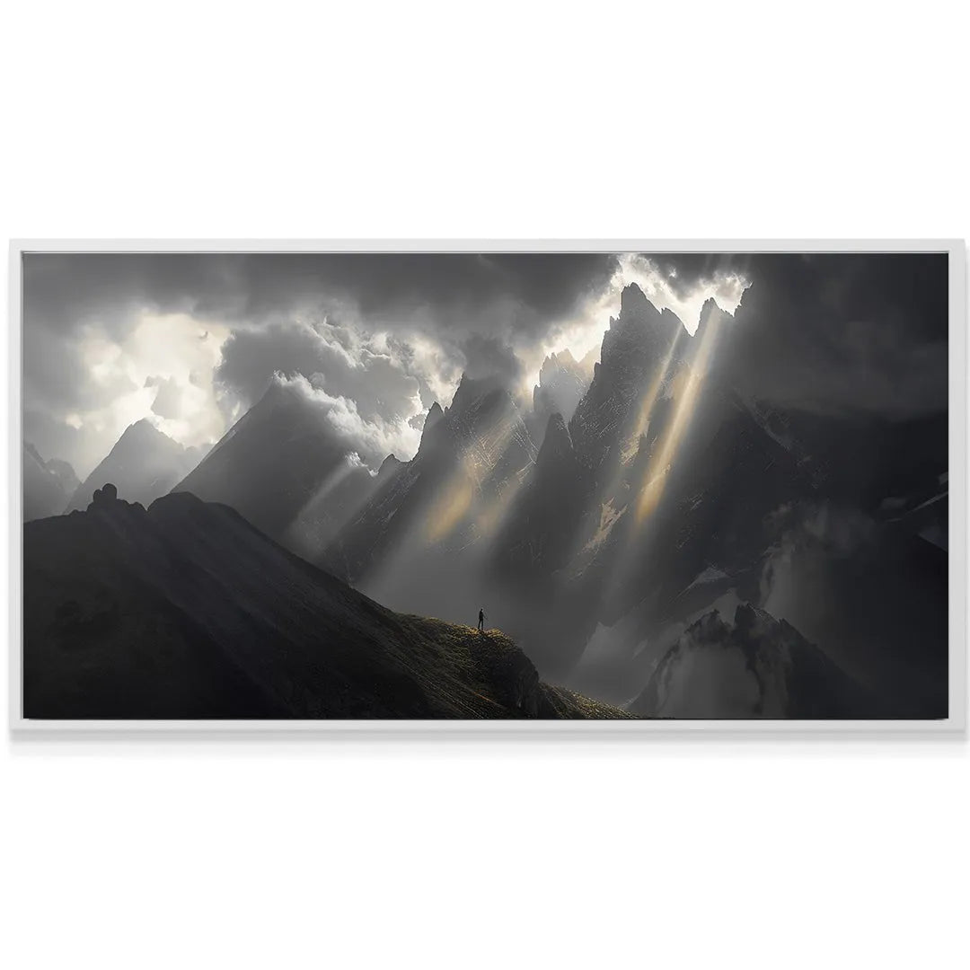 View of the lone figure standing on the peak ridge, emphasizing scale and solitude in the "Silver Lining (No Quote)" artwork.