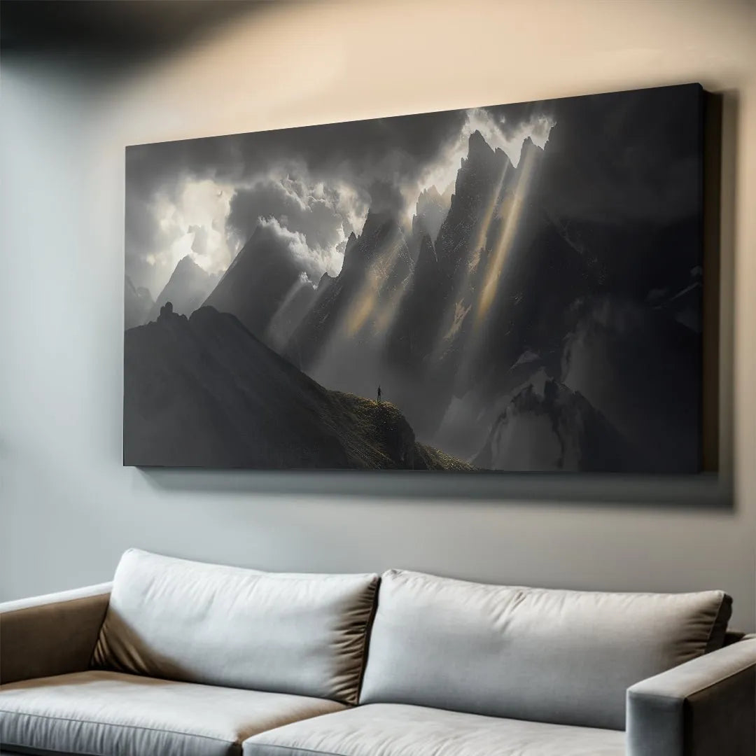 Detailed look at the powerful crepuscular sun rays piercing through the thick cloud cover in "Silver Lining (No Quote)".