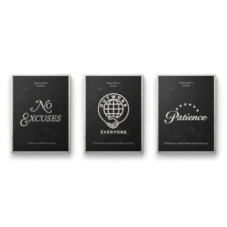 Triptych view of the Simple Guide Bundle wall art framed on a clean white background, emphasizing three principles.