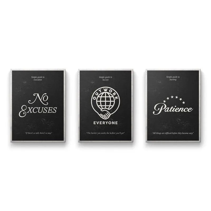 Triptych view of the Simple Guide Bundle wall art framed on a clean white background, emphasizing three principles.