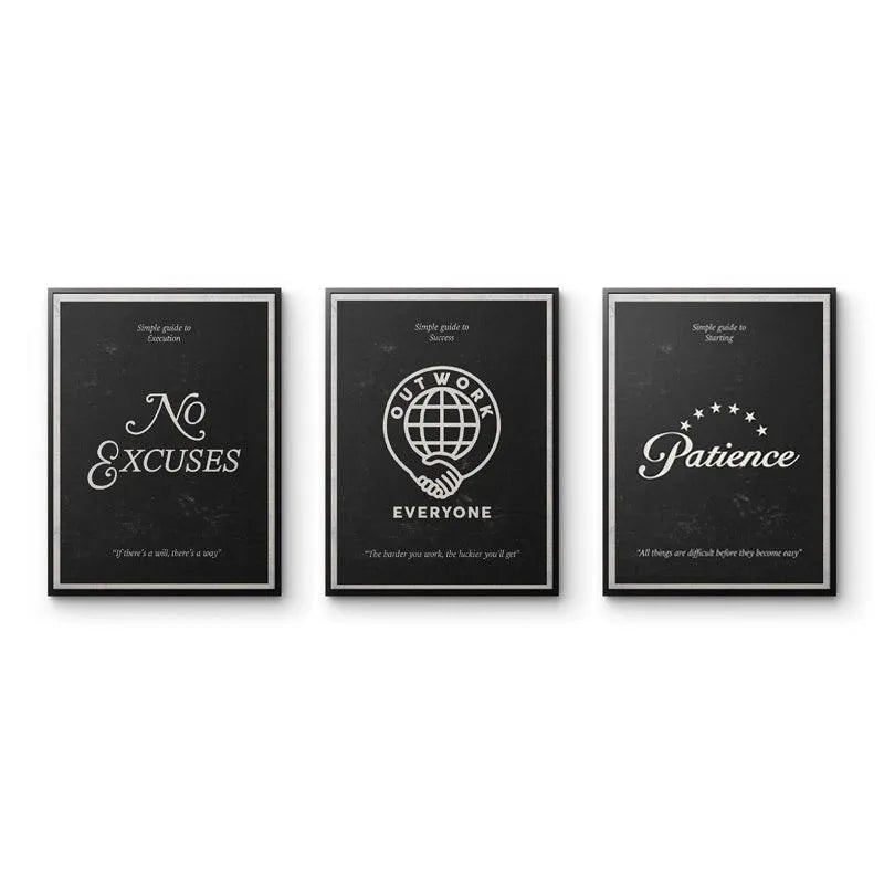 Angled perspective showing the sleek black frames of the three motivational posters in the Simple Guide Bundle set.