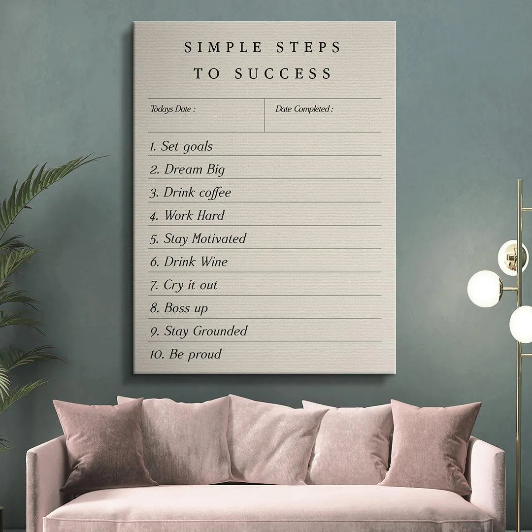 Lifestyle flat lay featuring the "Simple Steps To Success" pad beside a cup of coffee and a pen ready for use.