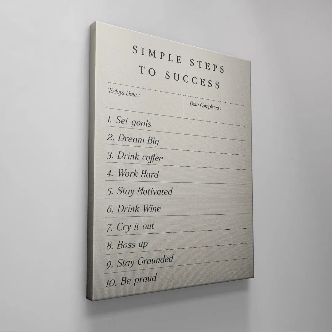 Macro focus on the numbered list showing "Set goals" and "Dream Big" from the "Simple Steps To Success" template.
