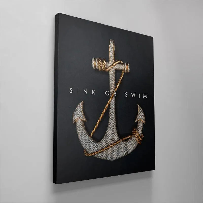 Wide shot capturing the scale and dramatic impact of the motivational Sink Or Swim framed print.