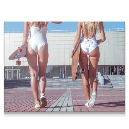 Full frame perspective of the 'Skate Bums' urban walking scene on a sunny day.