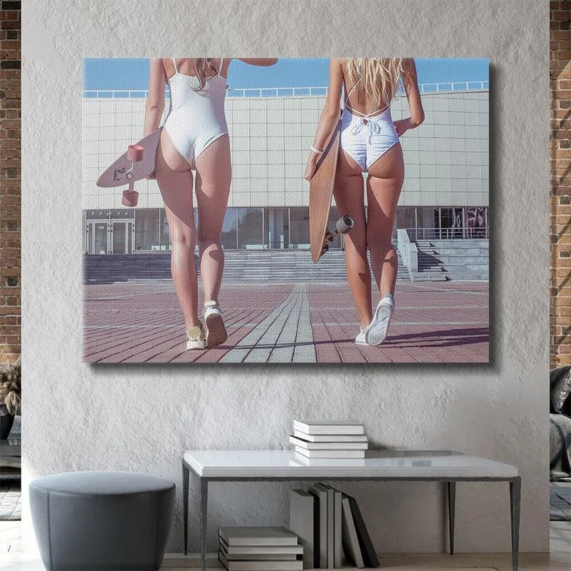 Lifestyle shot showcasing the sunny, modern architecture background in the 'Skate Bums' photo.